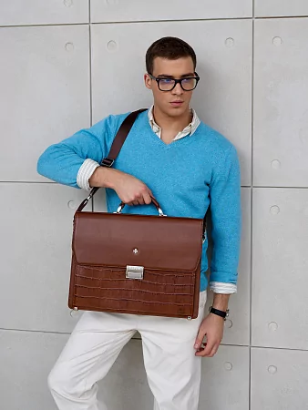 Портфель 9737-Croco Caffe из натуральной кожи  NARVIN