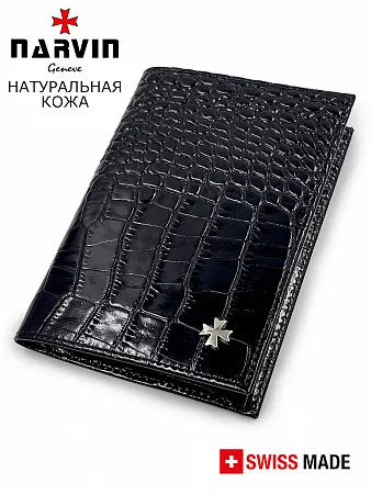 Обложка для паспорта 9158-Croco Black натуральная кожа Narvin