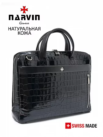 Портфель-сумка 9752-Croco Black из натуральной кожи NARVIN