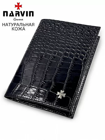 Обложка для паспорта 9158-Croco Black натуральная кожа Narvin